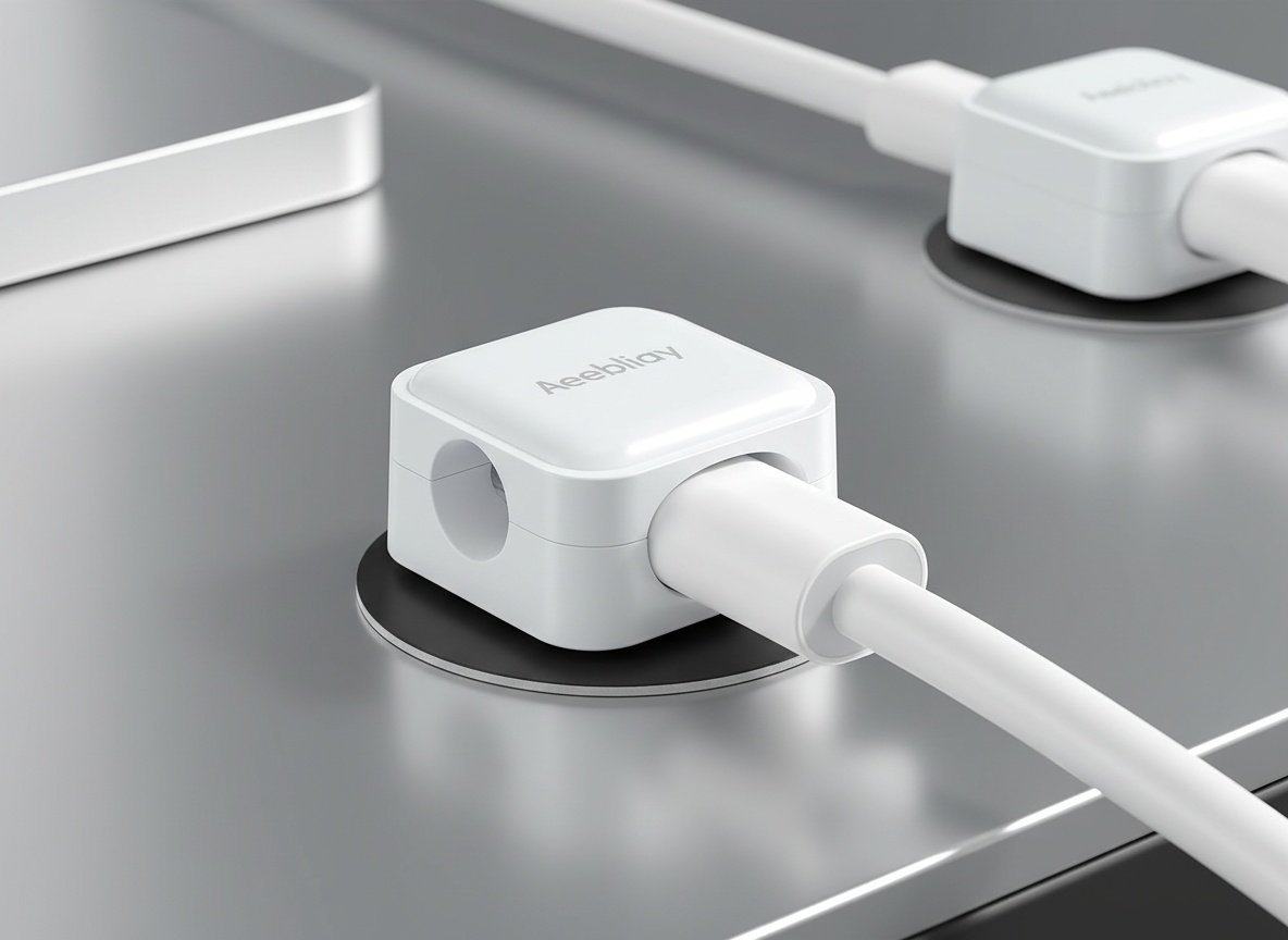 Macro close-up of a magnetic cable clip firmly holding a USB cord with visible metal grip