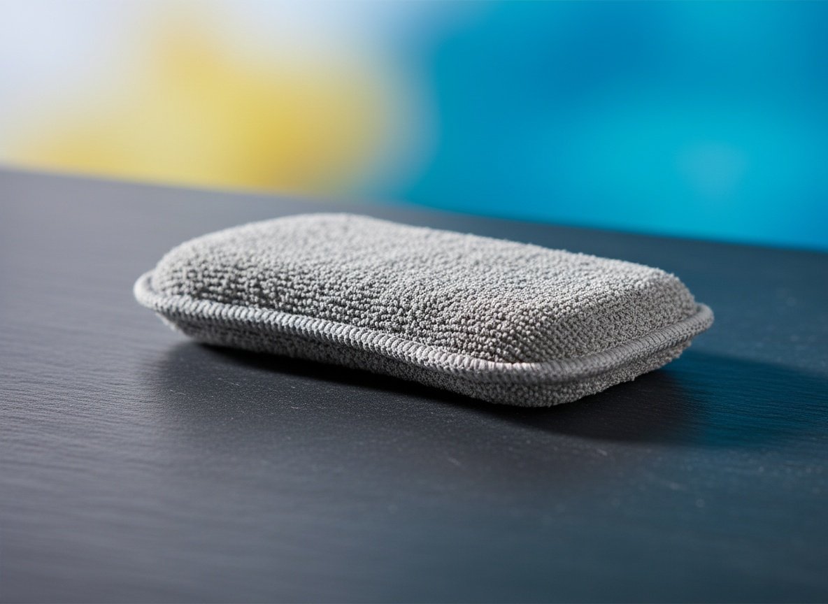 MR.SIGA dual-sided sponge in extreme close-up showing yellow soft side and blue scrub side with visible texture