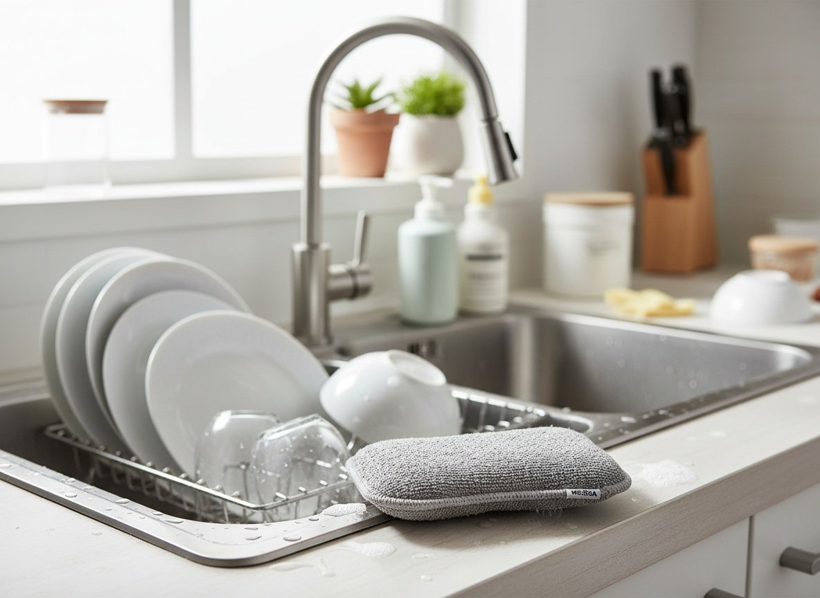 MR.SIGA sponge resting on edge of kitchen sink surrounded by wet dishes and soapy water