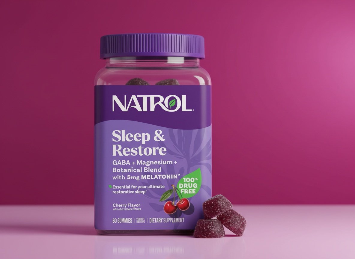Macro close-up of cherry-flavored Natrol Sleep & Restore gummies with glossy surfaces in sharp focus