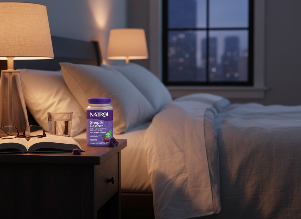 Natrol Sleep & Restore gummies bottle on a bedroom nightstand with water glass and book, evening lighting