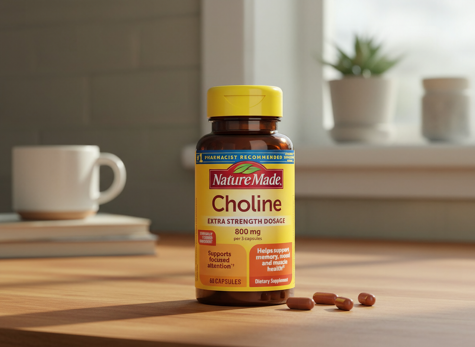 Three choline supplement capsules in close-up detail against a neutral background