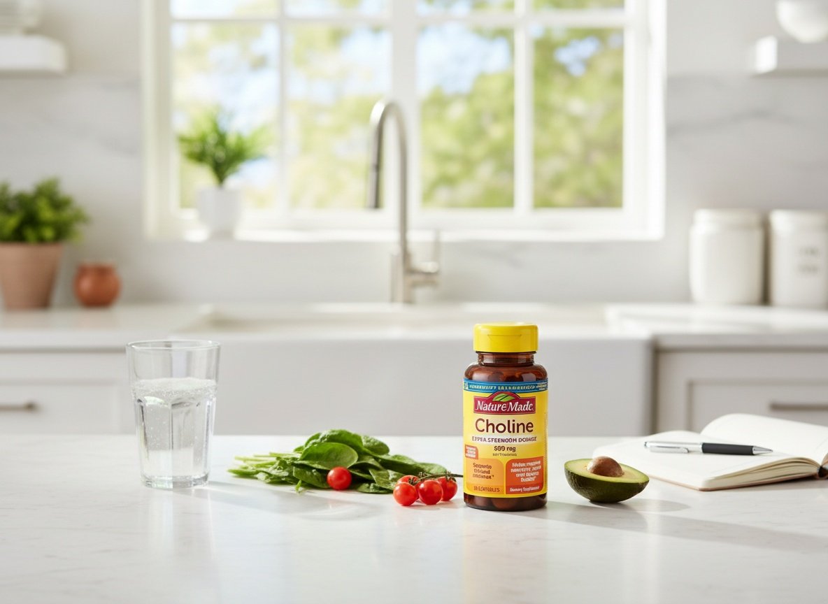 Nature Made choline supplement bottle on a kitchen counter with vegetables and water glass nearby