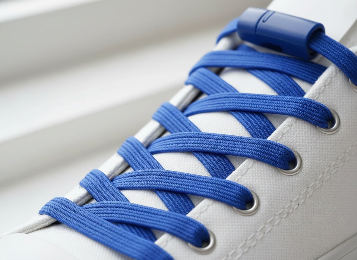Macro close-up of elastic no-tie shoelaces threaded through sneaker eyelets with shallow focus on the colorful laces