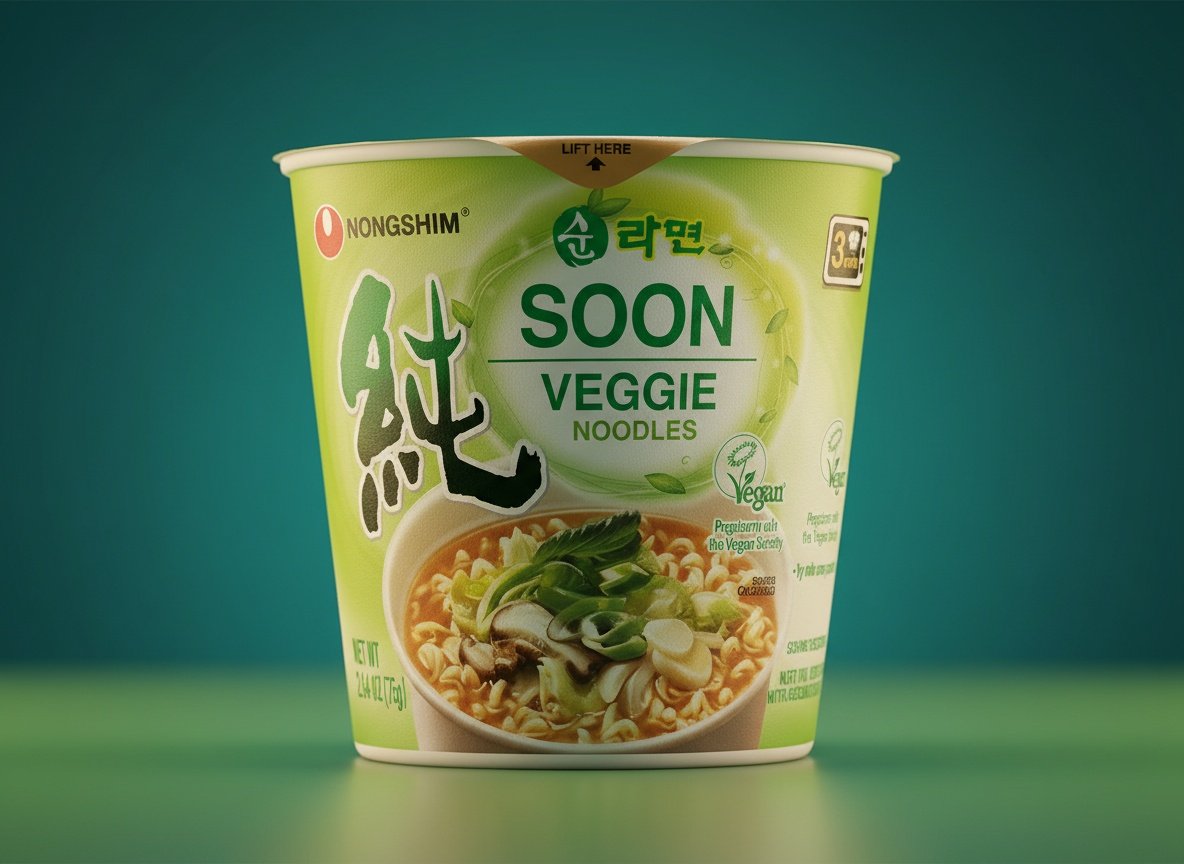 Macro close-up of Soon Veggie Ramyun cup showing crinkled noodles through transparent packaging