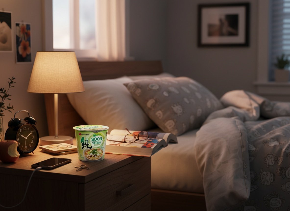 Soon Veggie Ramyun cup on a nightstand with lamp and book in a cozy bedroom setting