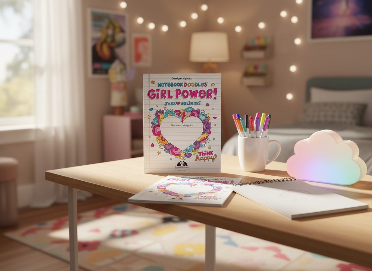 Girl Power coloring book on a bedroom desk with art supplies and creative workspace around it