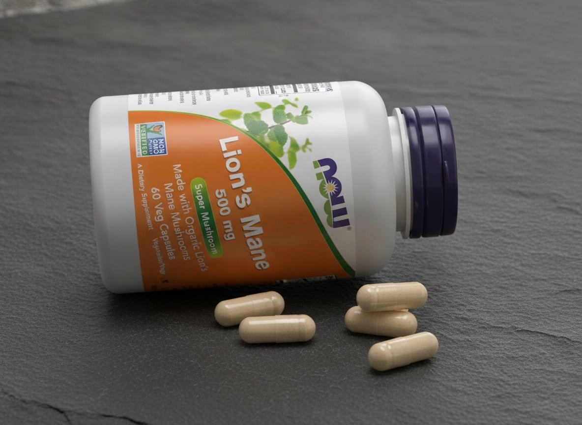 Close-up of Lion's Mane 500 mg veg capsules on dark slate with shallow focus on capsule texture