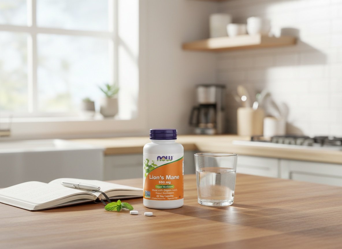 Lion's Mane supplement bottle on bright kitchen counter as part of morning wellness routine setup