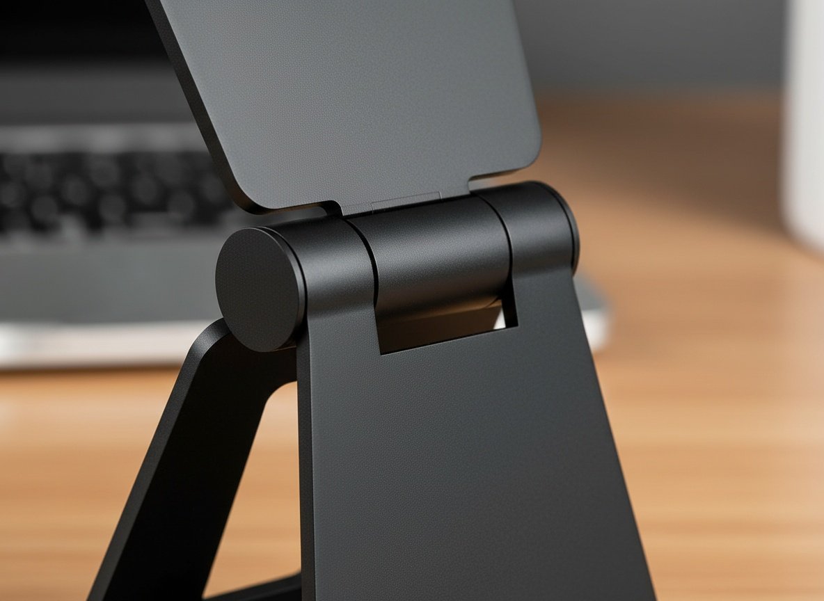 Macro detail of the Nulaxy phone stand's folding hinge and adjustment joint in sharp focus