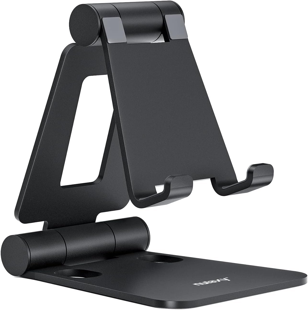 Nulaxy dual stand positioned on a desk holding two phones while a laptop and coffee cup sit nearby