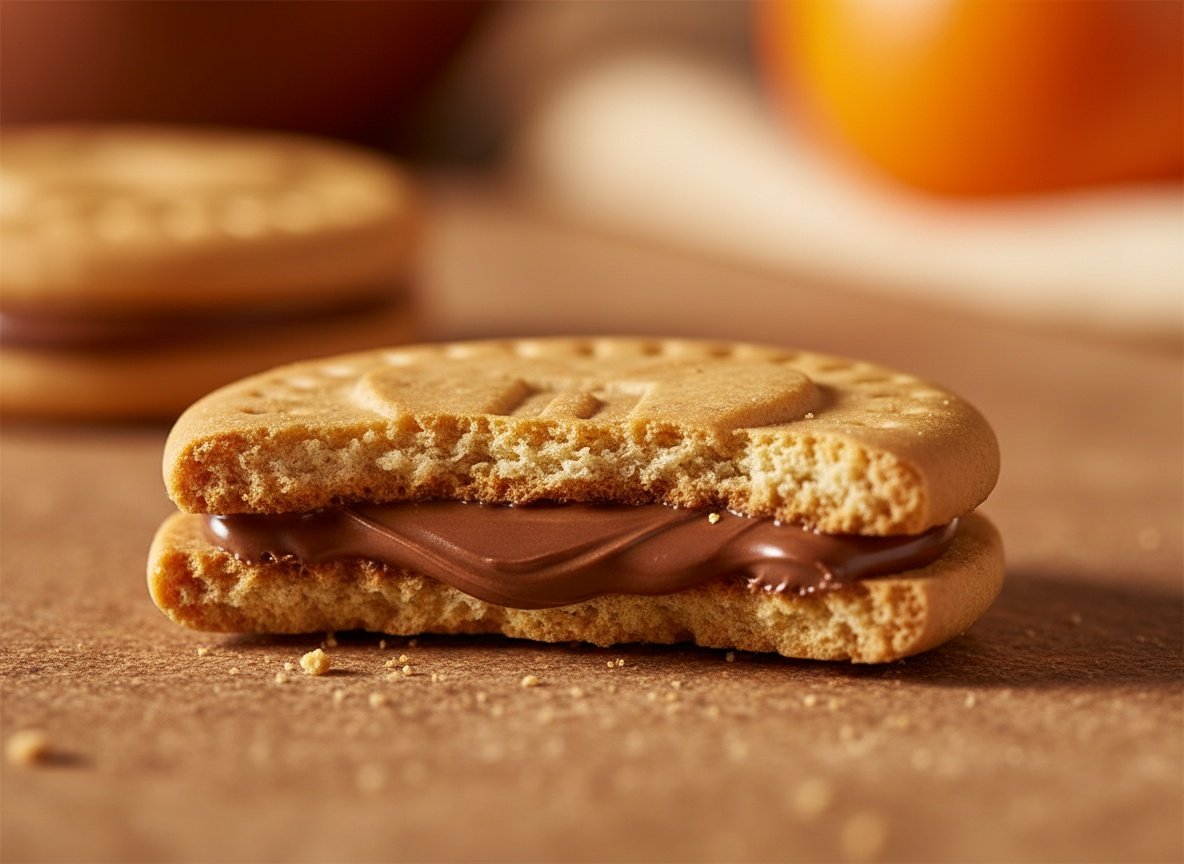 Nutella Biscuit cookie broken open showing rich hazelnut spread filling in macro close-up