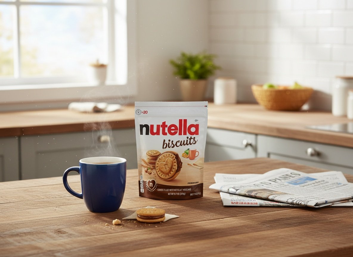 Nutella Biscuits package displayed on a kitchen counter alongside coffee and newspaper in morning light