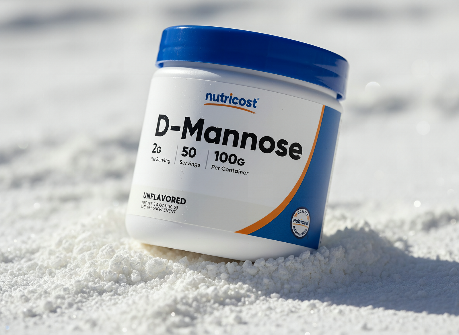 Macro close-up of D-Mannose powder crystals with shallow depth of field and natural side lighting