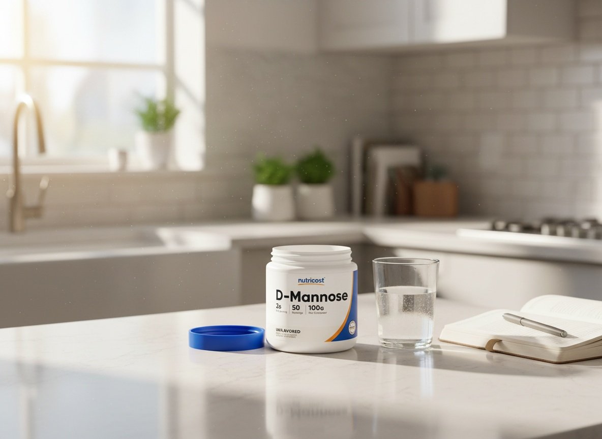D-Mannose powder container on sunny kitchen counter with water glass and journal nearby