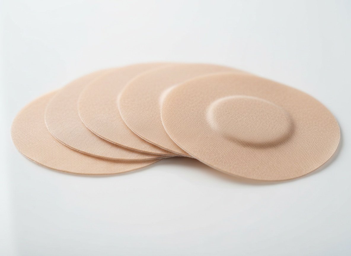 Stack of transparent waterproof adhesive patches in extreme close-up, showing texture detail and layered arrangement