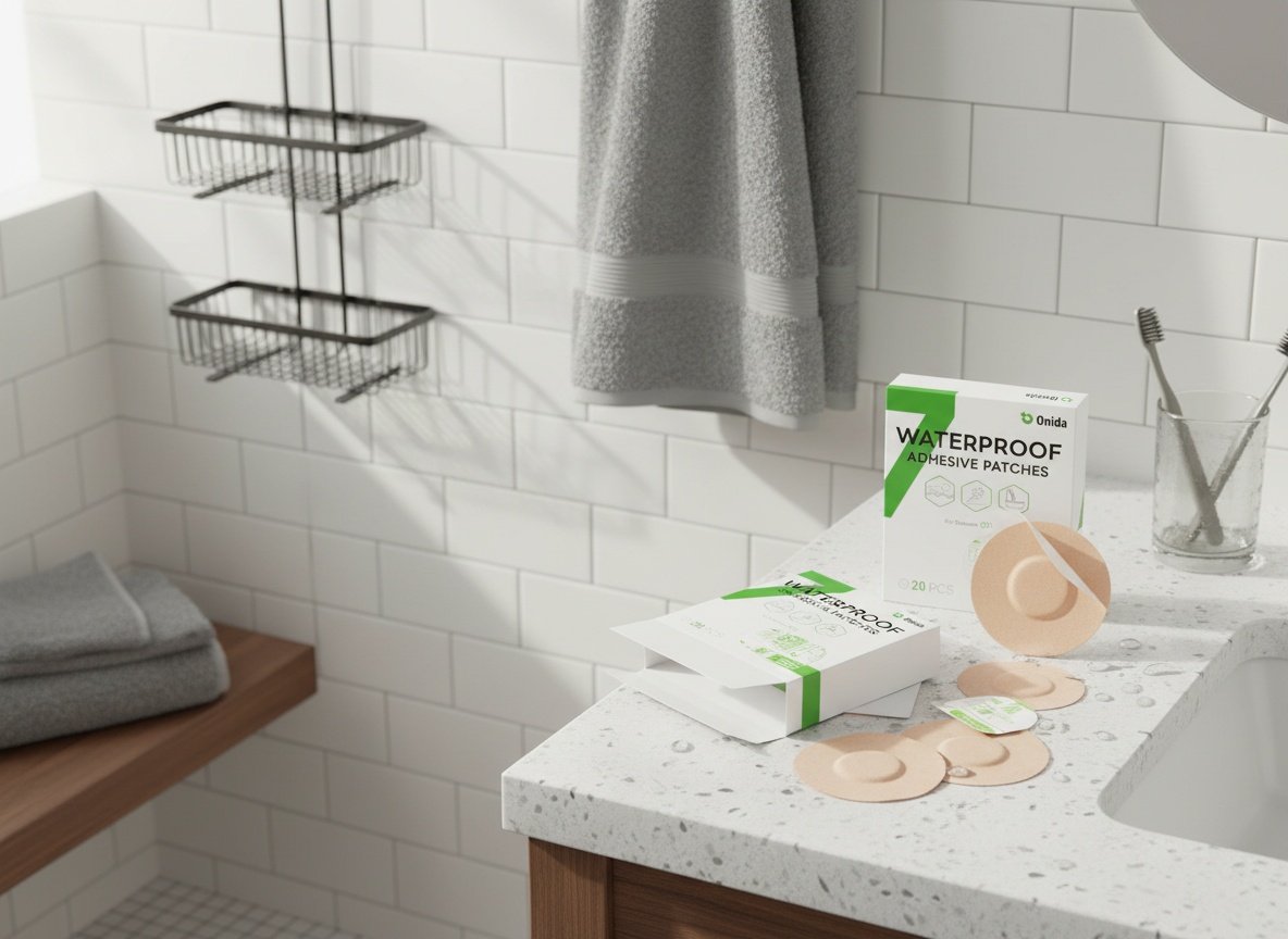 Adhesive patches arranged on a wet bathroom counter near shower items, demonstrating waterproof durability in bathroom setting