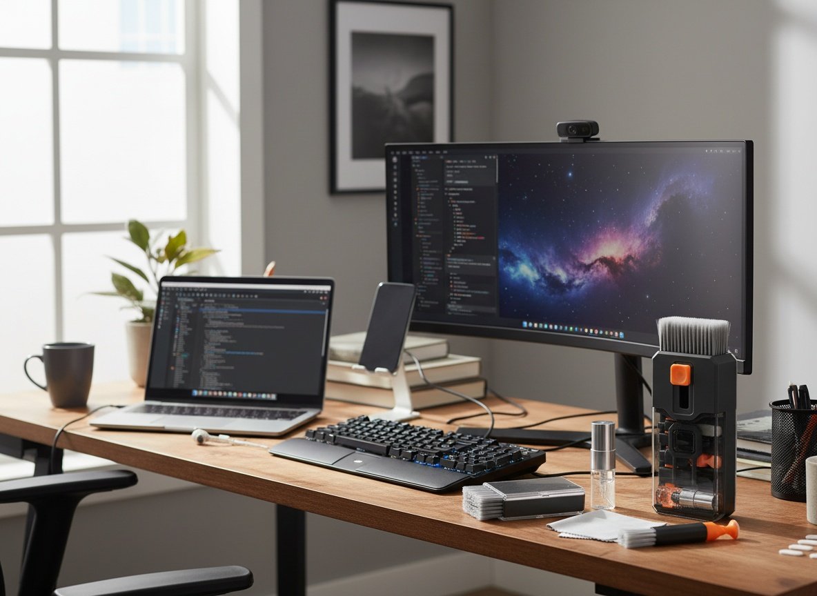 Ordilend cleaning kit resting on a busy home office desk surrounded by multiple devices