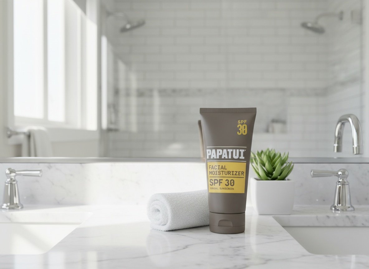 PAPATUI moisturizer displayed on bathroom vanity with washcloth and plant in natural daylight