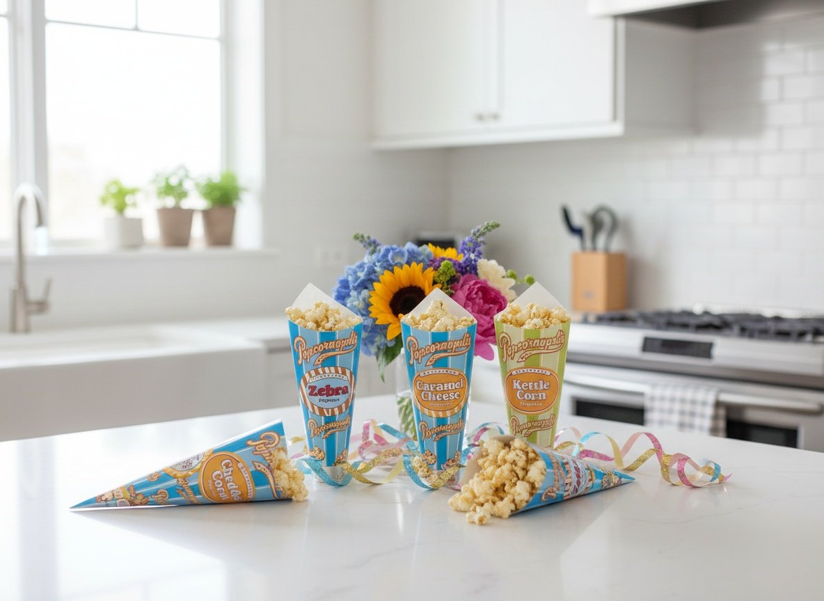Four Popcornopolis popcorn cones displayed on a kitchen counter with flowers and gift wrap in a bright room