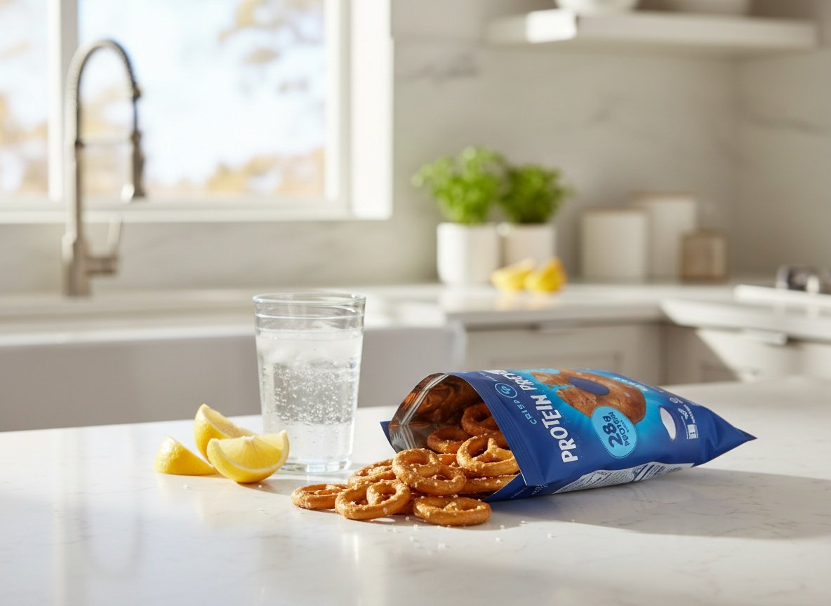 CRISP POWER protein pretzel bag open on kitchen counter with scattered pretzels, water glass, and lemon nearby