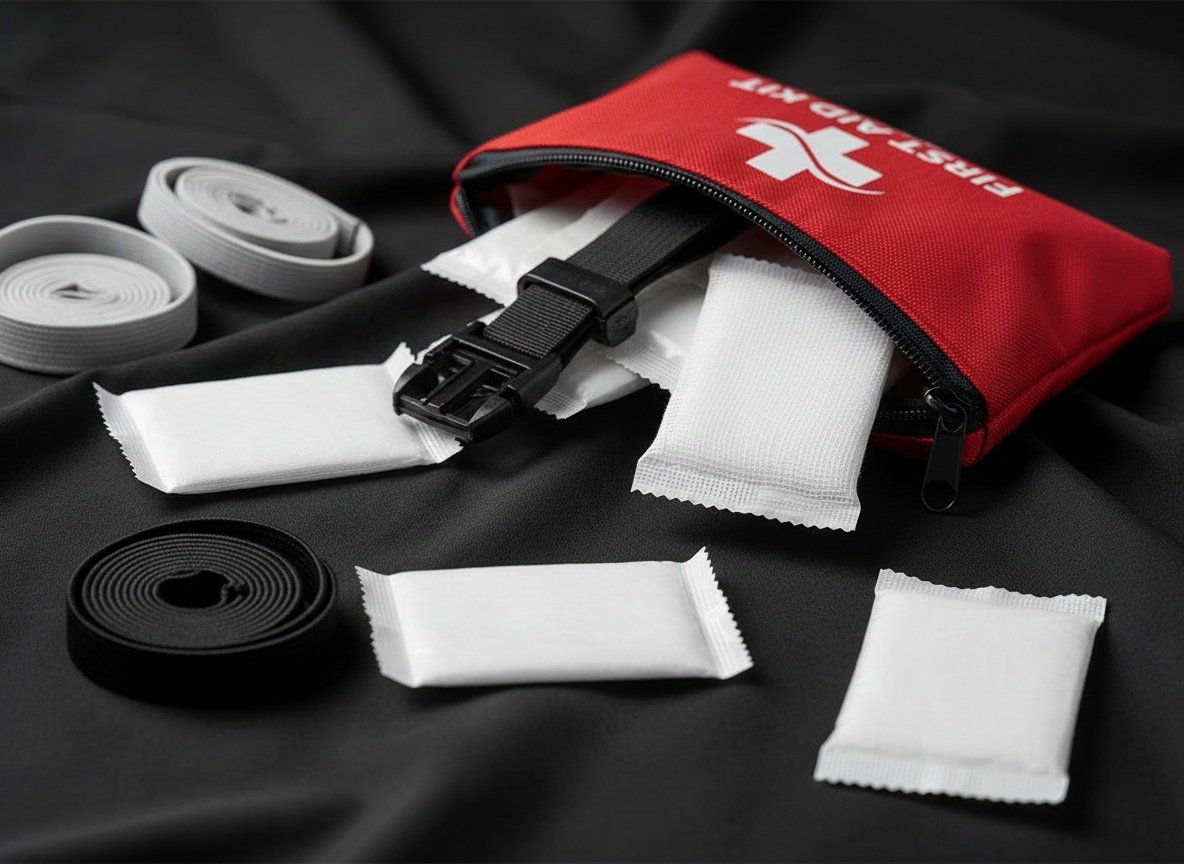 Tourniquet and bandages from the Protect Life mini first aid kit arranged on black fabric in macro detail
