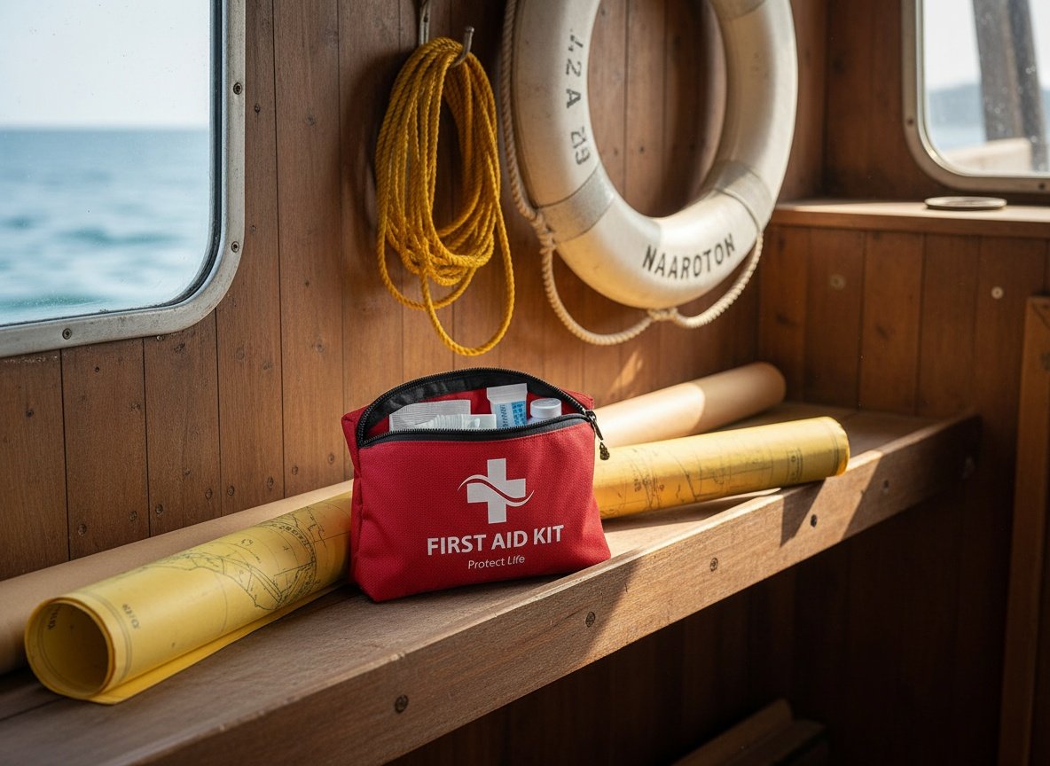 Protect Life first aid kit open on a boat shelf among marine safety gear and navigation equipment