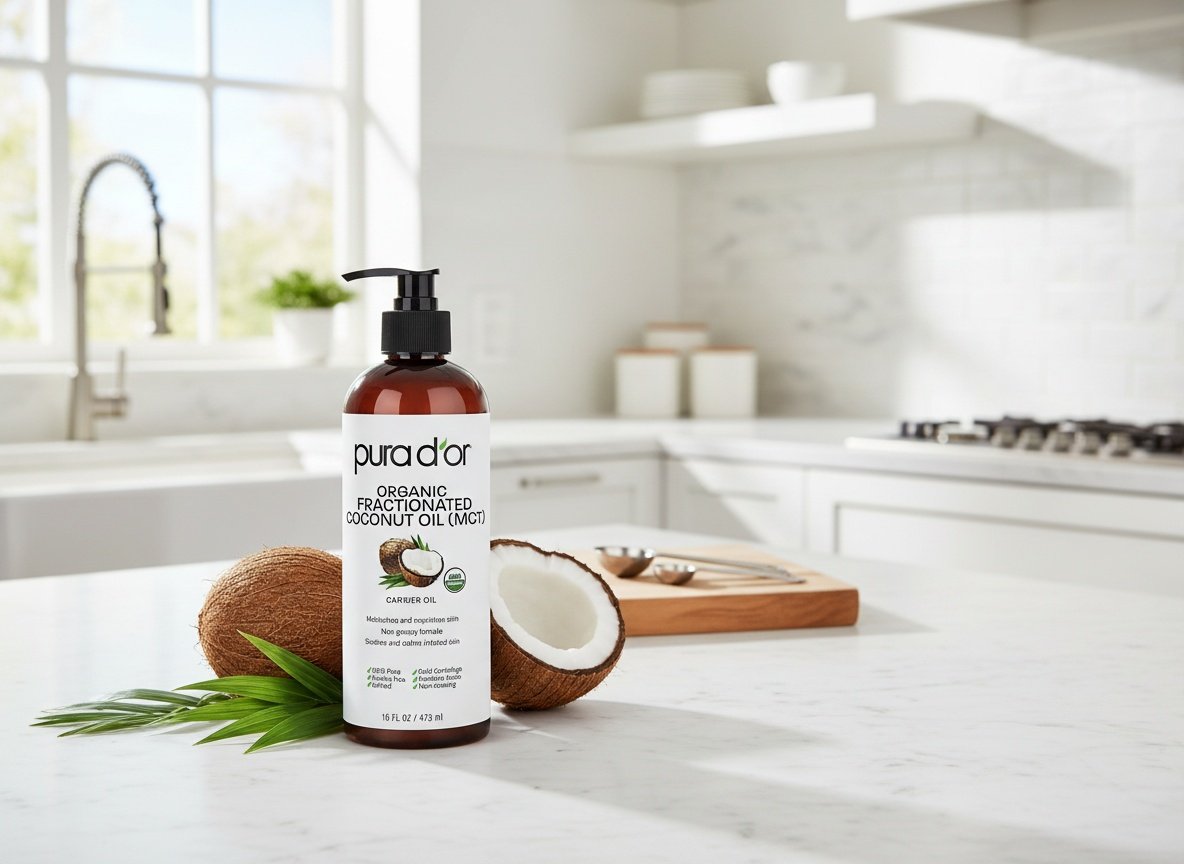 Fractionated coconut oil bottle on a sunny kitchen counter surrounded by fresh coconuts and cooking utensils