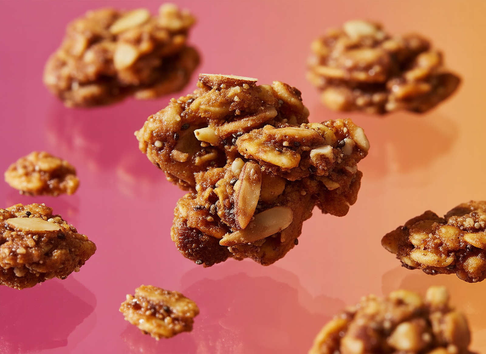 Macro close-up of vanilla almond butter keto granola clusters showing golden texture and almond pieces