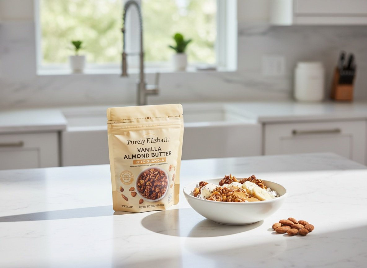 Purely Elizabeth keto granola bag on a kitchen counter with bowl and almonds in natural daylight