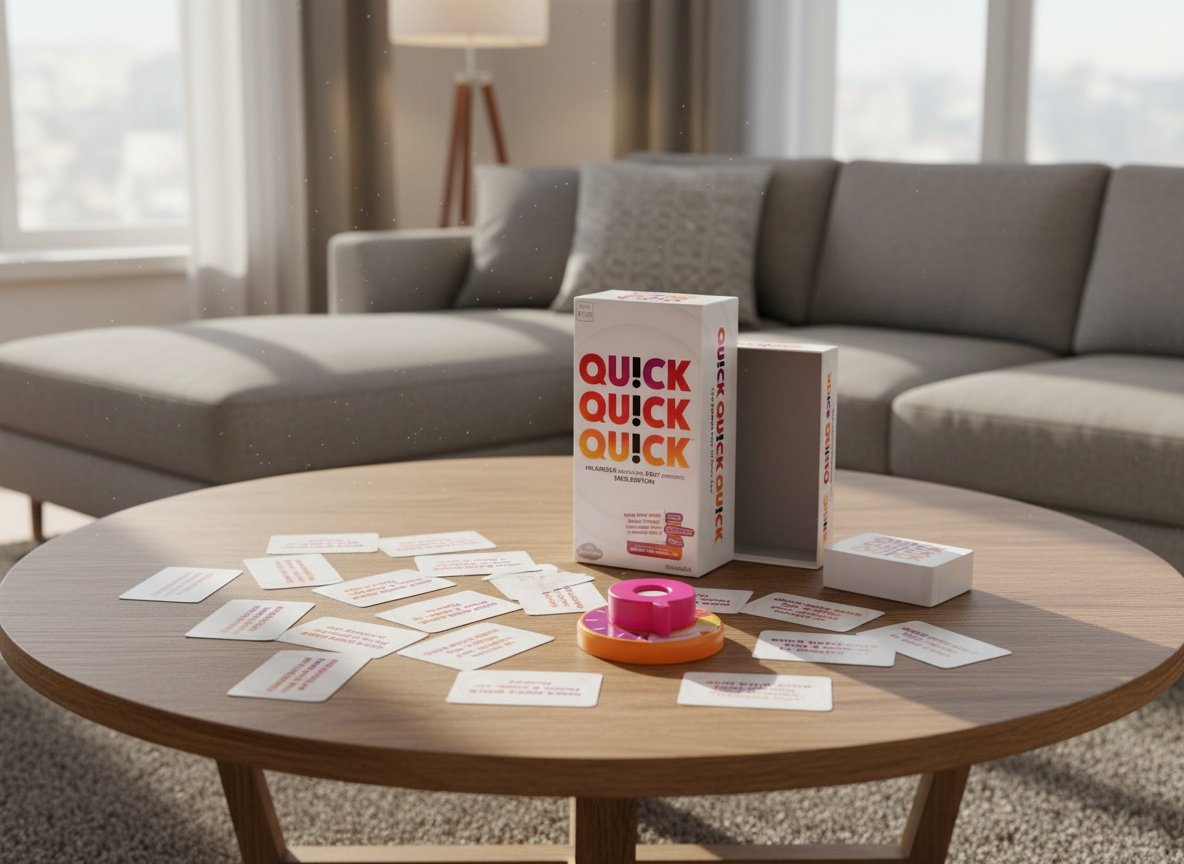 Quick Quick Quick party game set up on a living room table with family members' hands playing