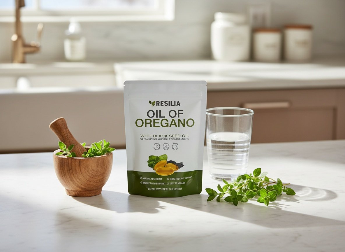 Resilia softgels bottle on a sunlit kitchen counter with fresh herbs, water glass, and marble workspace