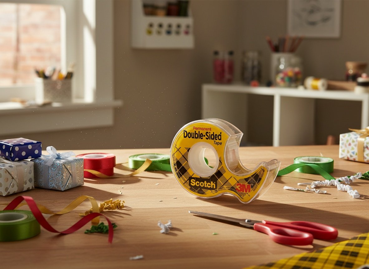Double-sided tape roll on a busy craft table surrounded by wrapping paper and gift supplies