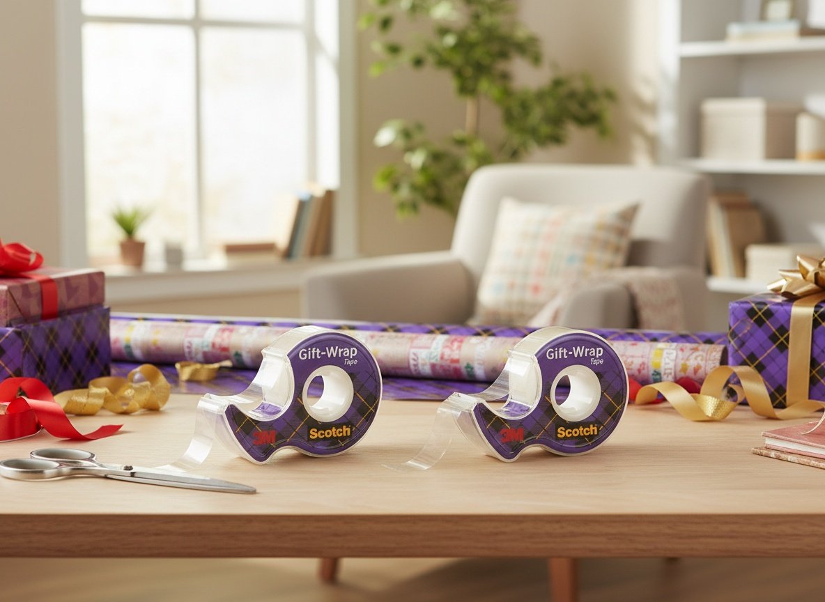 Two tape rolls with dispensers on a cluttered gift-wrapping desk beside supplies and wrapped boxes