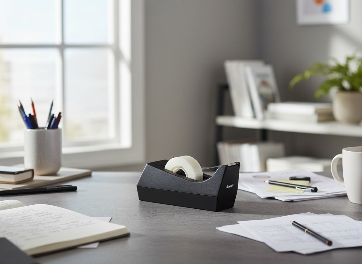 Scotch Magic Tape dispenser on a busy office desk surrounded by papers and writing supplies