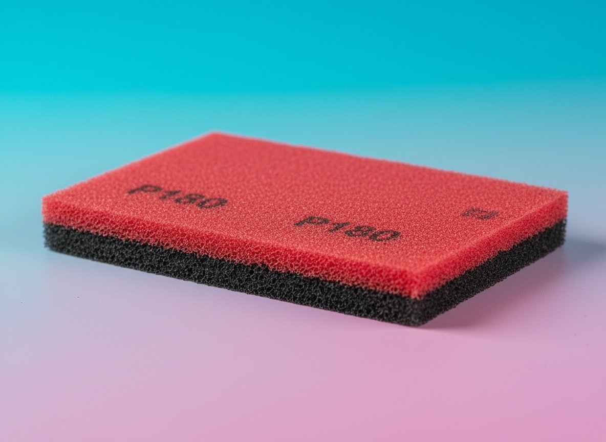 Macro close-up of a Shinboc sanding sponge showing grit numbers printed on the yellow foam pad surface