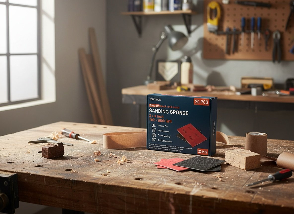 Shinboc sanding sponges arranged on a workshop table with woodworking materials and automotive parts in background