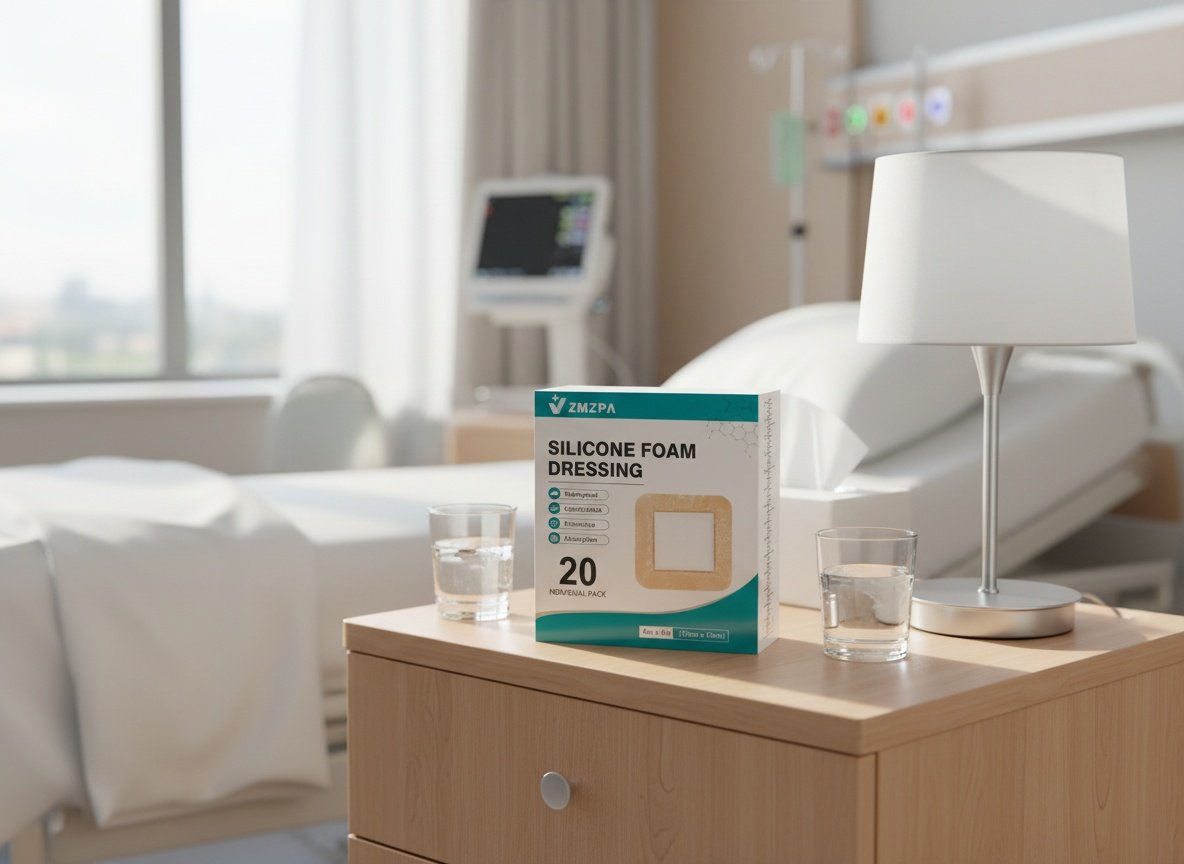 Silicone foam dressing pads displayed on a bedside table in a home care setting with medical supplies nearby