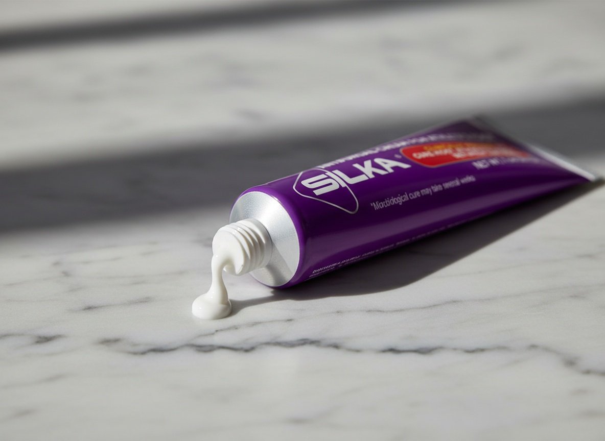 Silka Antifungal Cream tube in extreme close-up on marble surface with soft morning light