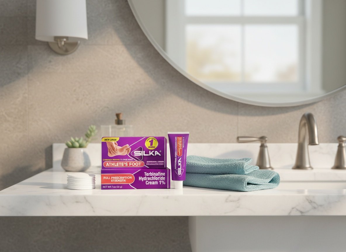 Silka Antifungal Cream displayed on a bathroom vanity shelf with towels and cotton pads