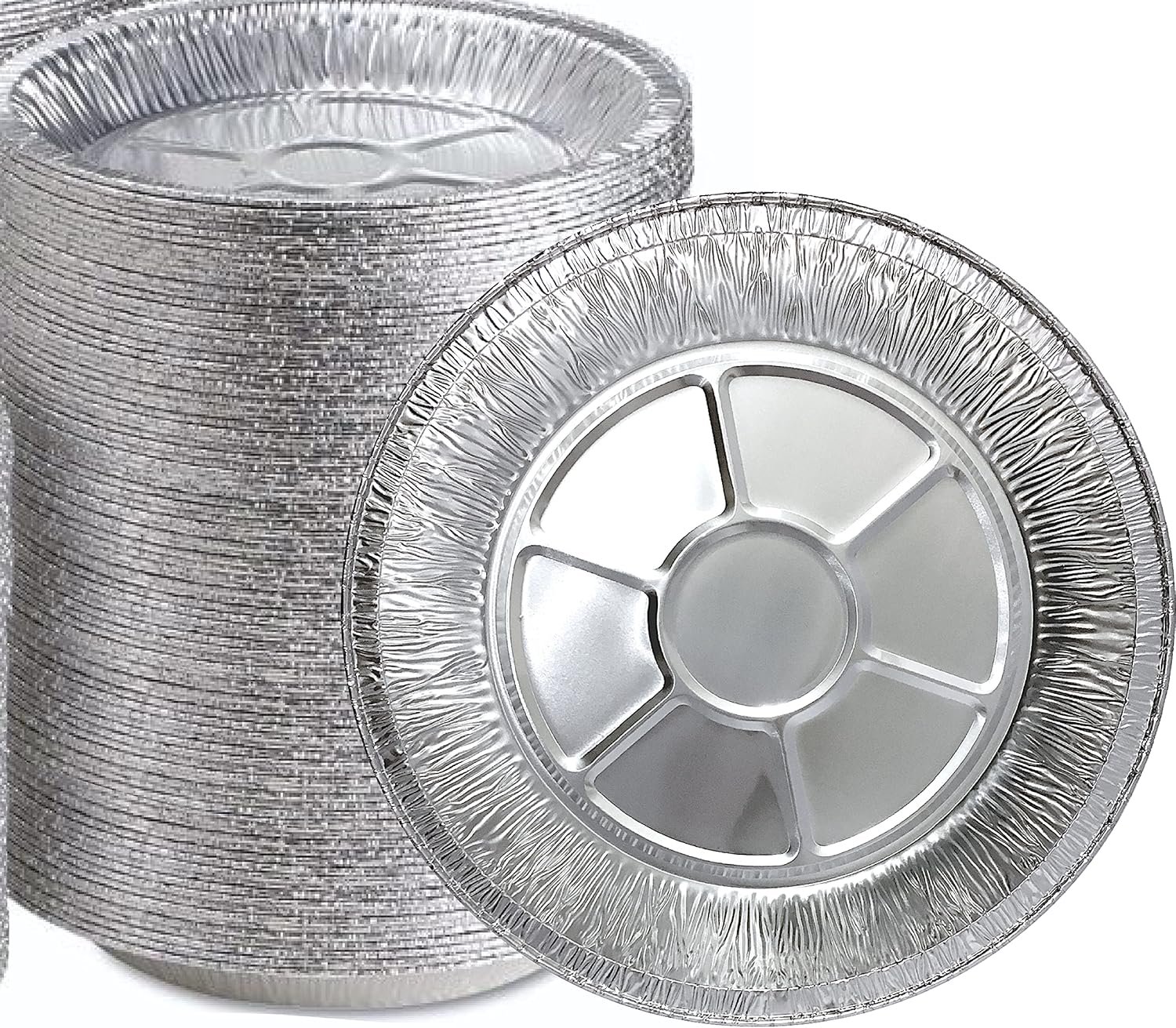 Stacked aluminum foil pie tins in macro closeup showing ridged texture and metallic shine