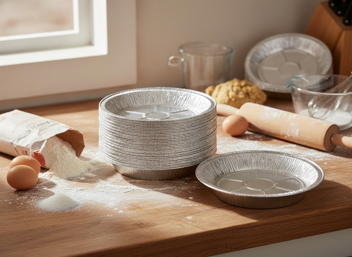 Aluminum foil pie tins on a kitchen counter surrounded by baking supplies and ingredients