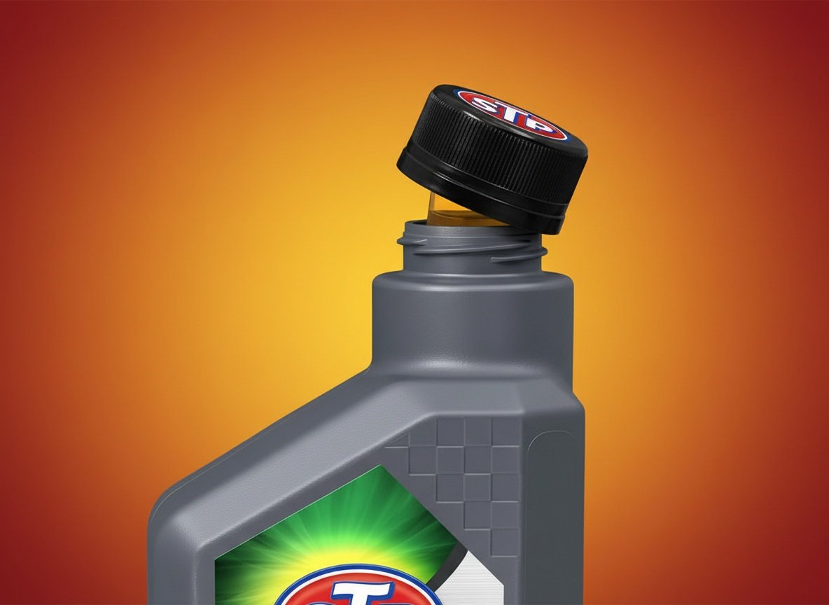 STP Premium Synthetic Blend 10w30 motor oil bottle cap and neck in macro detail with golden oil visible