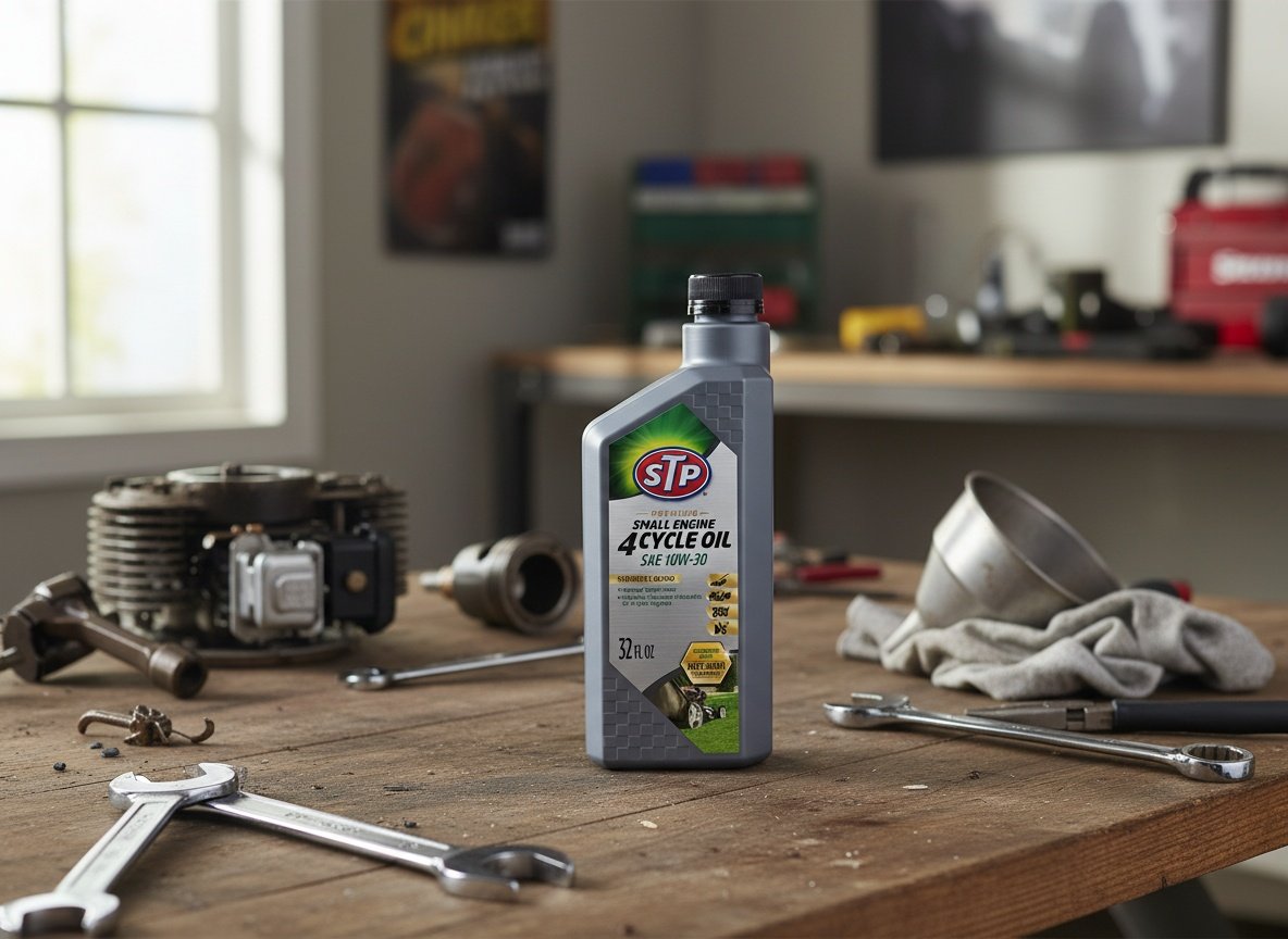 STP 10w30 motor oil bottle on a garage workbench surrounded by small engine maintenance tools and equipment