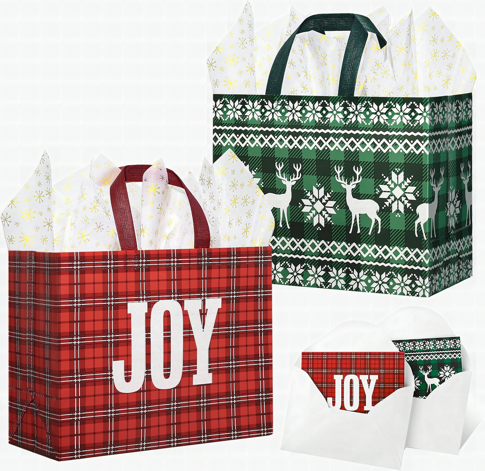 Close-up of red non-woven Christmas gift bag fabric texture with white tissue paper protruding from opening