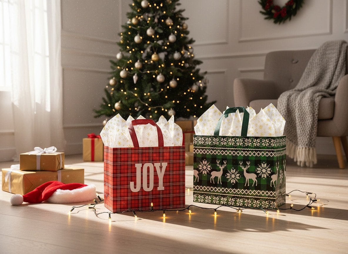 Two red Christmas tote bags positioned on a living room floor among holiday gifts and decorations in natural daylight