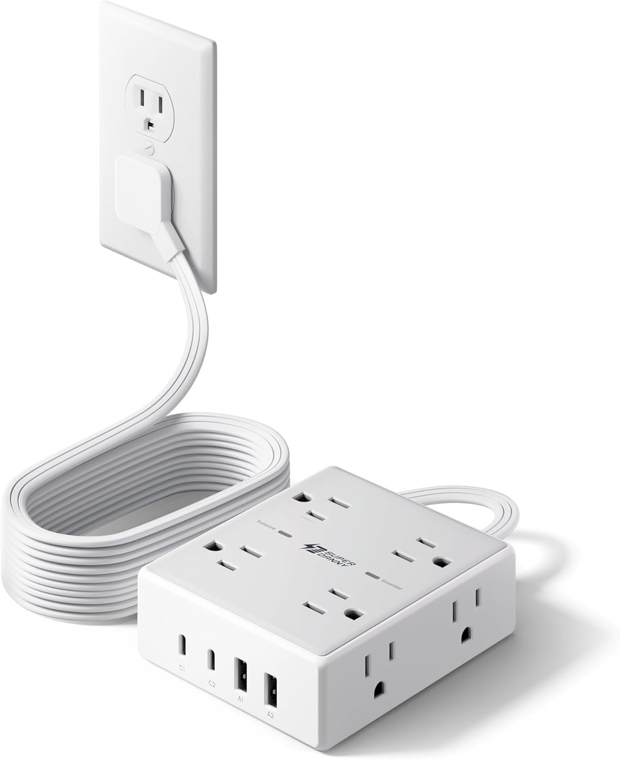 SUPERDANNY power strip plugged into a home office desk surrounded by work supplies and laptop, mid-morning light