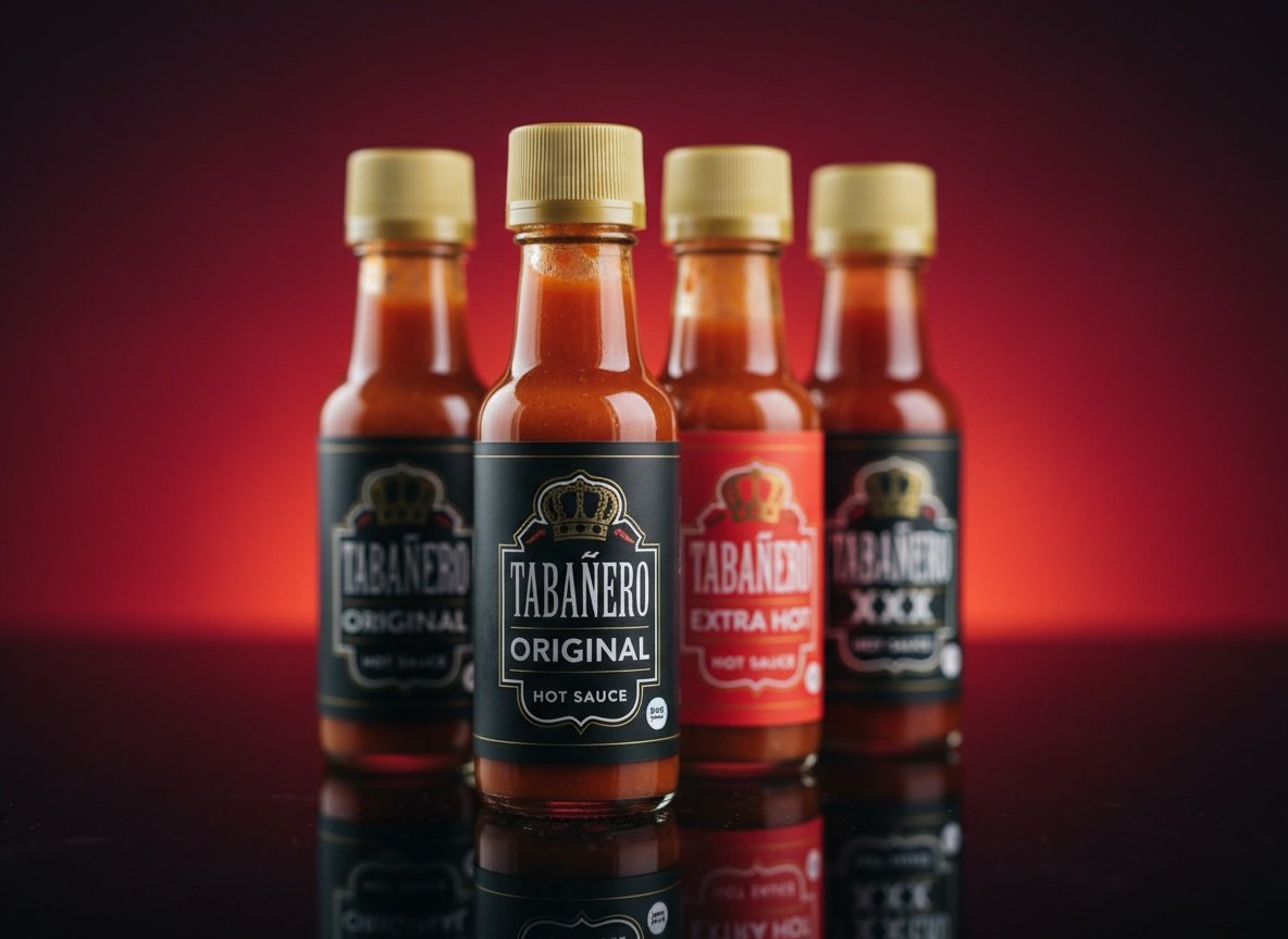 Four small glass bottles of Tabañero Challenge hot sauce in extreme close-up, with front bottles sharply focused and rear bottles