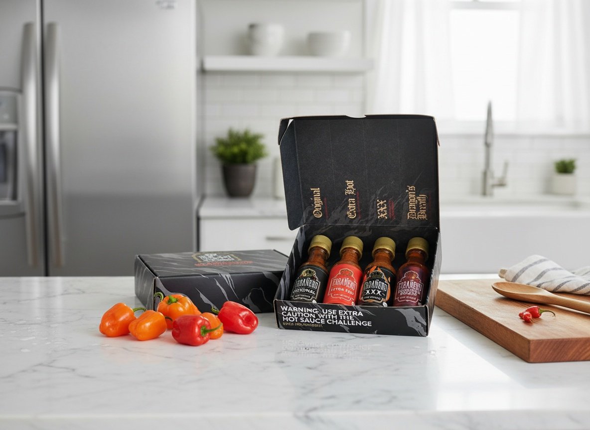 Tabañero hot sauce gift set on a marble kitchen counter with fresh peppers and cooking ingredients, photographed in natural daylig