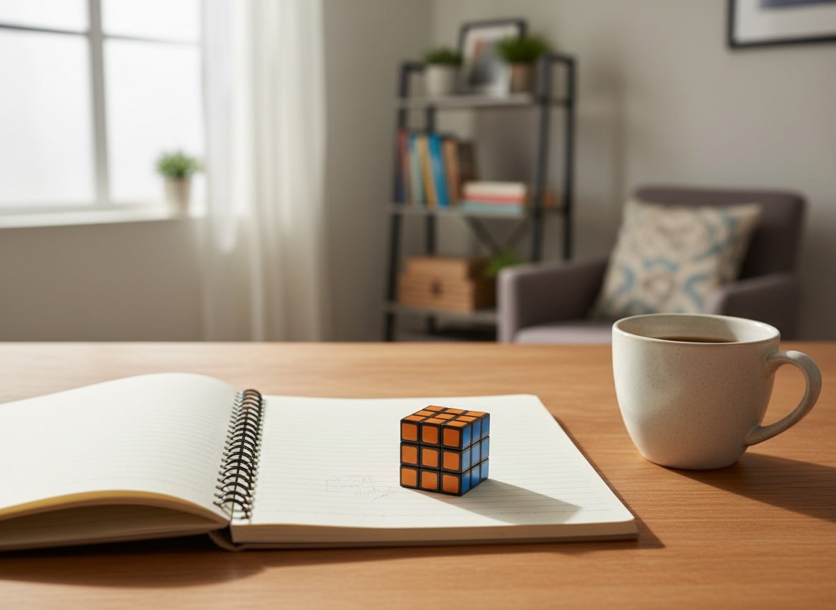 World's smallest Rubik's cube sitting on a desk notebook next to coffee, viewed from above in a bright home office